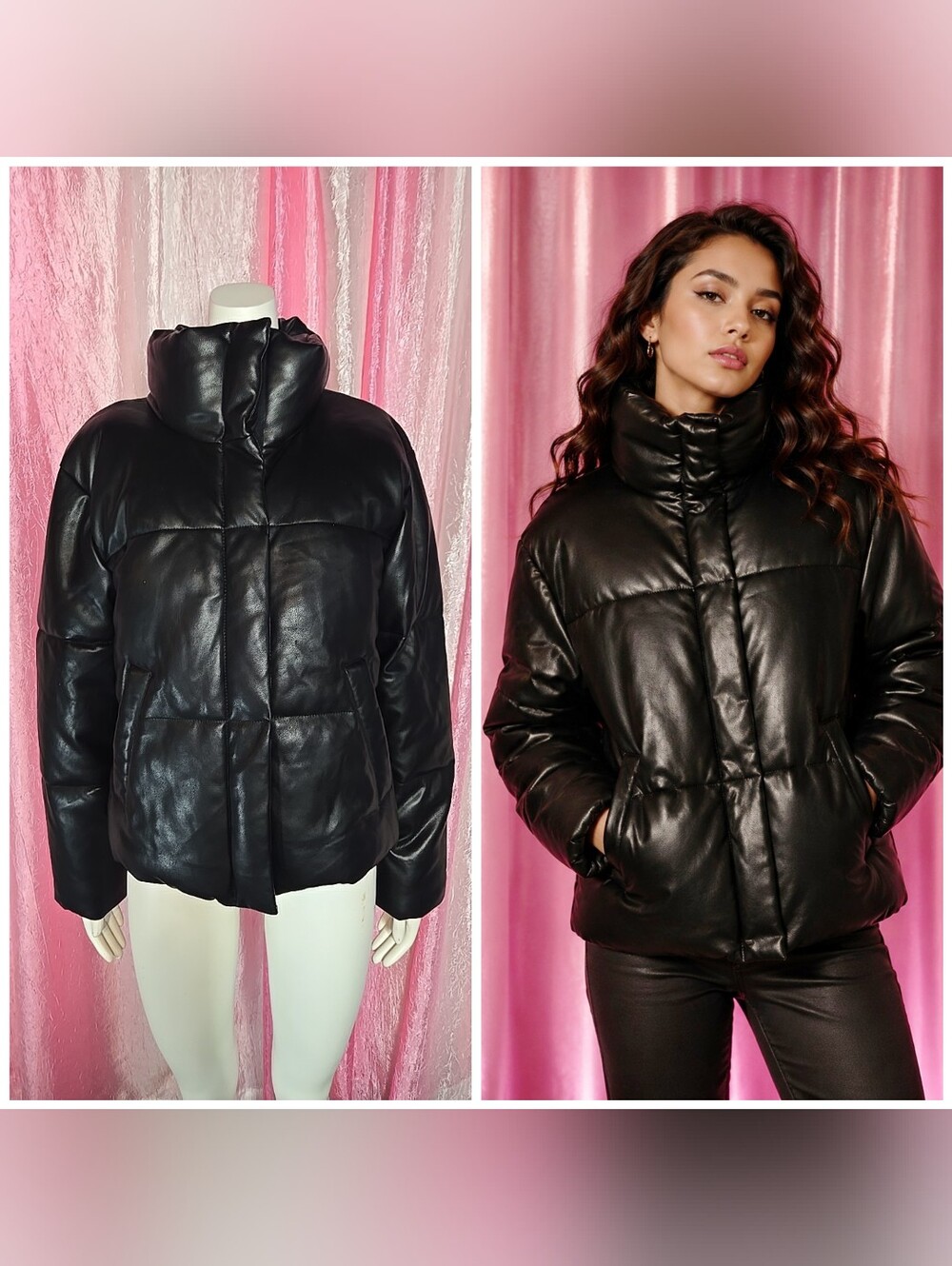 Abercrombie & Fitch Black A&F Mini Puffer Vegan Leather Jacket Size Large